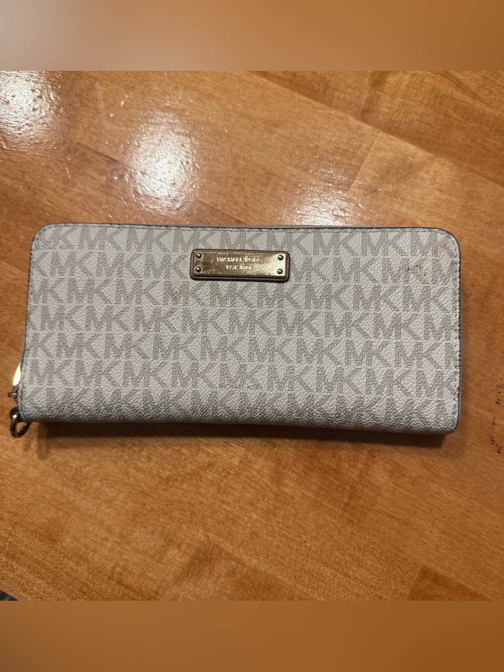 Michael Kors Light Gray MK Monogram Zip Wallet with Gold Plate